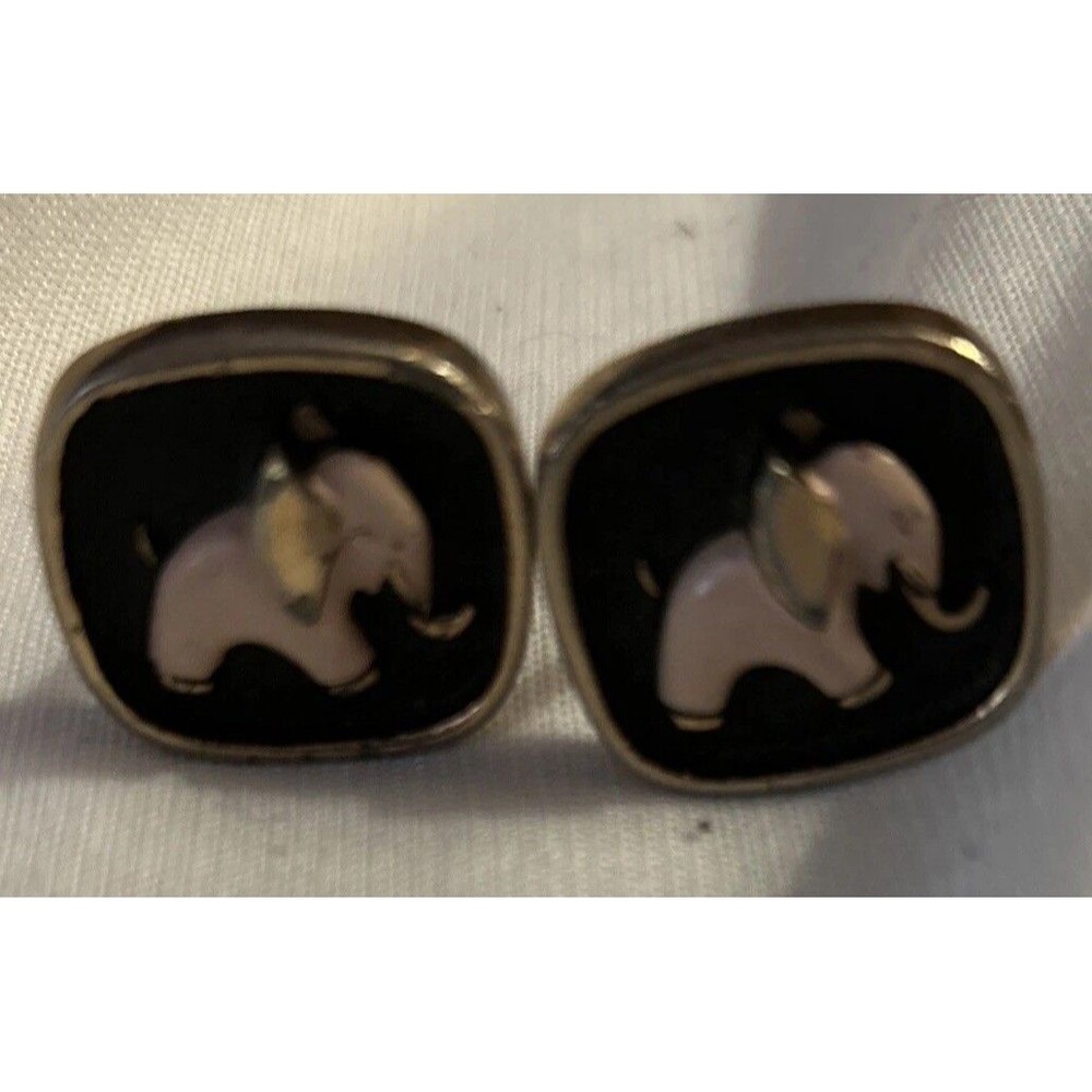 VTG Enamel Pink Elephant Cufflinks Silver Tone Mid Century